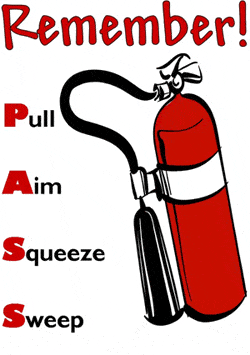 A graphic reminding people to Pull, Aim, Squeeze, and Sweep extinguishers by Apartment Fire Extinguisher Service, Inc. in Jacksonville, FL